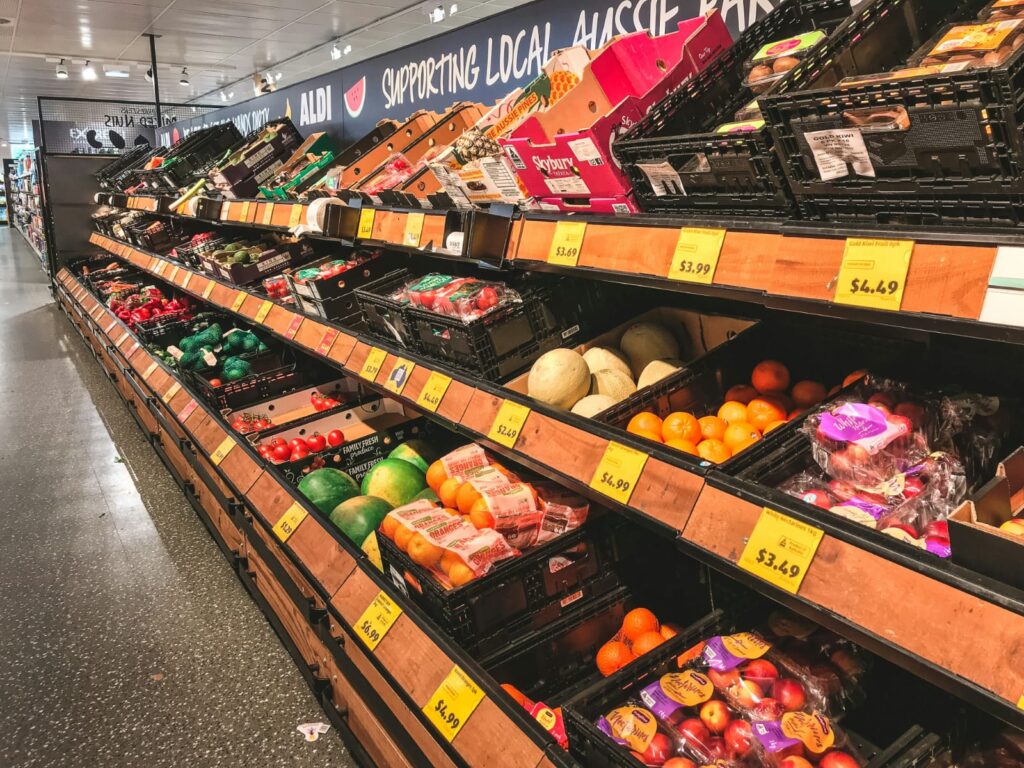 fresh fruit and vegetables aisle inside Aldi's new store format in the us.