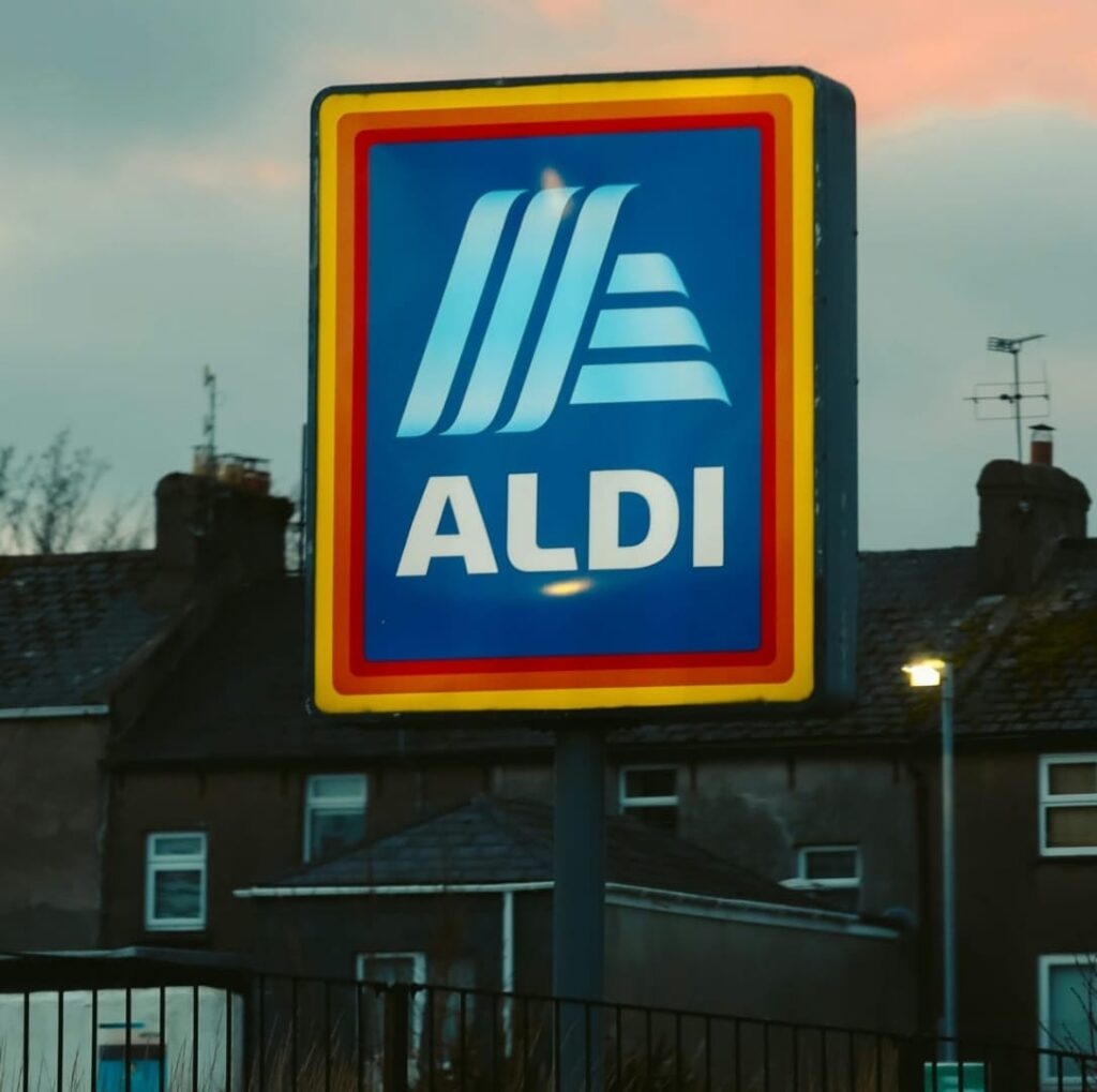 close-up of the official Aldi store logo sign in the us.