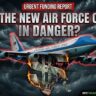 breaking news poster style image featuring the new Air Force One (VC-25B) with a question mark on fire and a distressed red banner asking if the aircraft is in danger, indicating financial risk in the funding request.