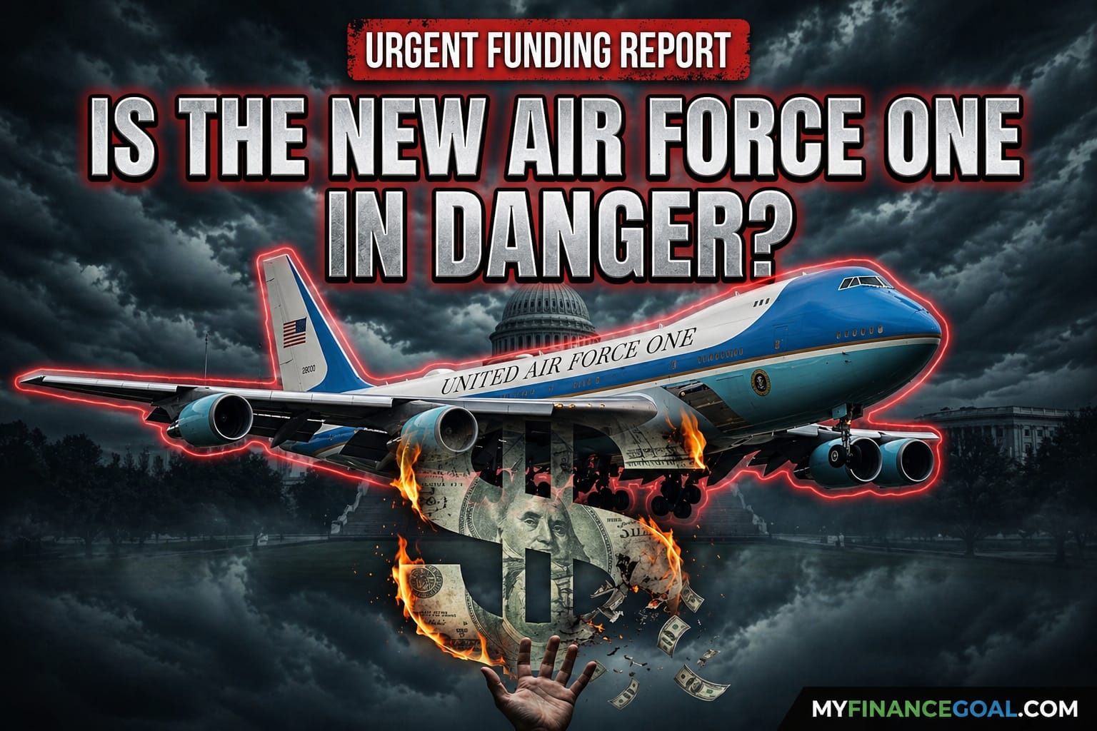 breaking news poster style image featuring the new Air Force One (VC-25B) with a question mark on fire and a distressed red banner asking if the aircraft is in danger, indicating financial risk in the funding request.