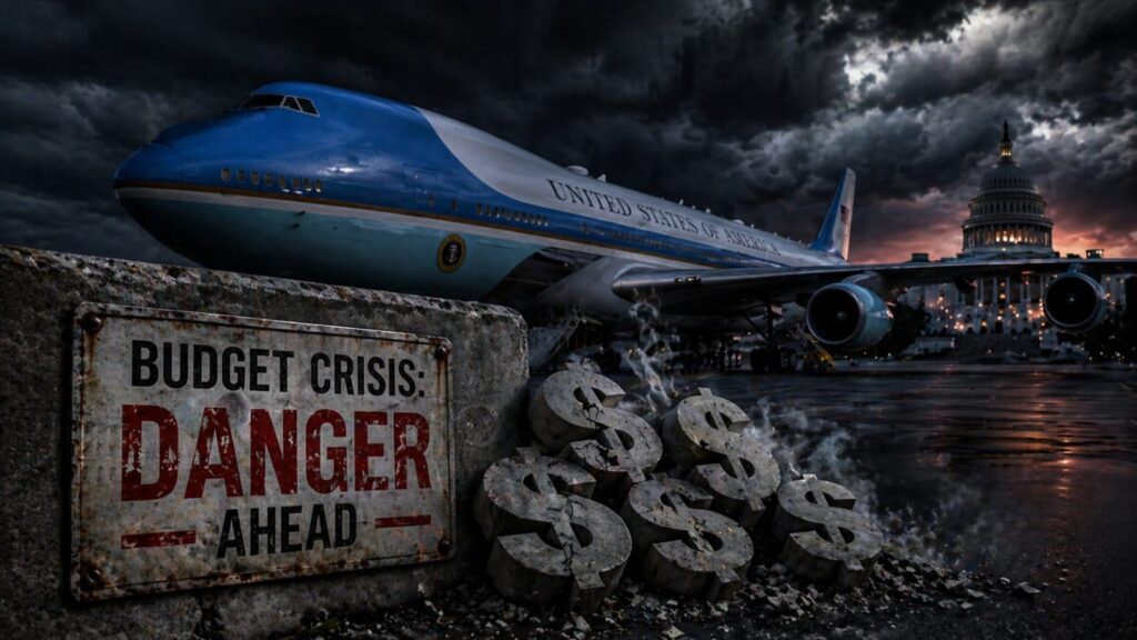 conceptual image showing the new Air Force One (Boeing BV 25B) in a stormy setting with a 'Budget Crisis: Danger Ahead' sign, illustrating the financial risks in the funding request.