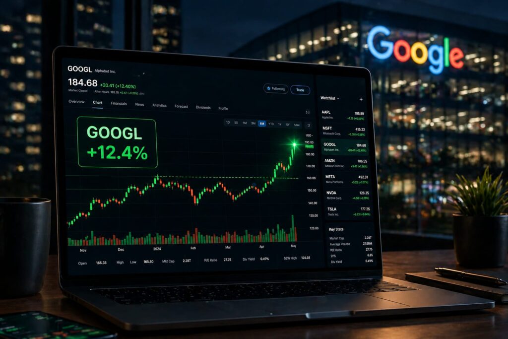 Professional stock market chart showing Alphabet Google Stock surge 12 percent after hours following Q1 2026earnings report.