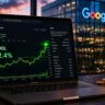 A Sleek laptop displaying a glowing green upward stock chart for Google with the Google Logo and +12% labeled on a professional finance dashboard against a blurry city skyline at night.