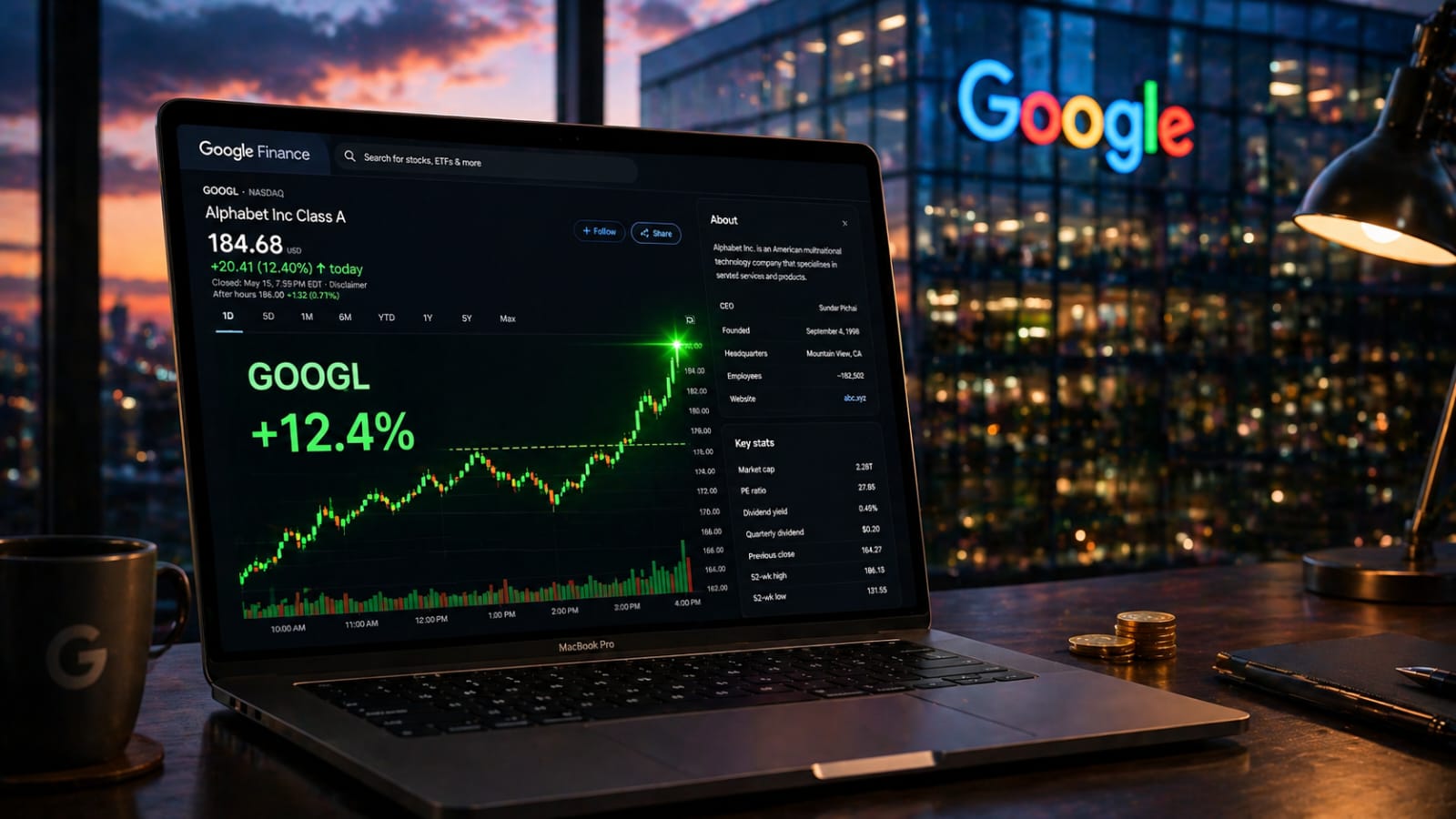 A Sleek laptop displaying a glowing green upward stock chart for Google with the Google Logo and +12% labeled on a professional finance dashboard against a blurry city skyline at night.