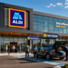 Exterior of the redesigned Aldi 2026 store showing modern architecture and digital pickup features.