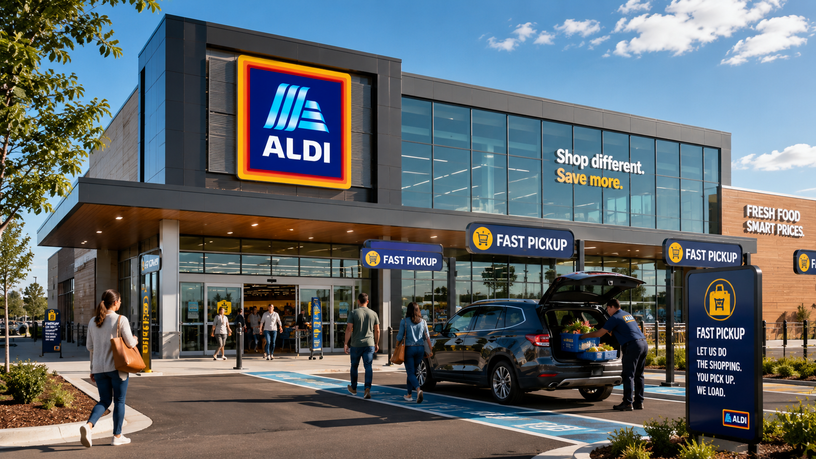 Exterior of the redesigned Aldi 2026 store showing modern architecture and digital pickup features.