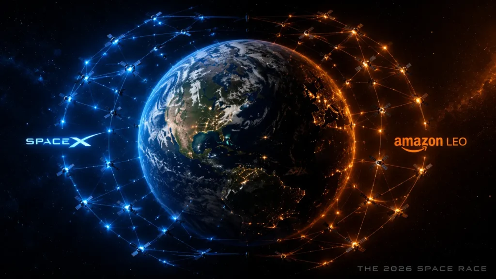 Low earth orbit satellite internet networks comparing Amazon Leo vs Starlink systems.