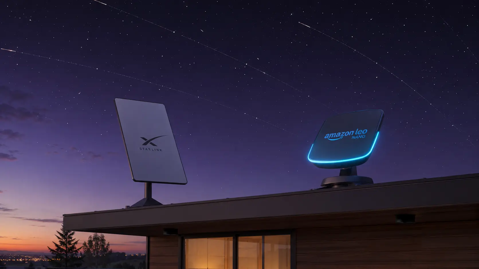 Amazon Leo vs Starlink satellite internet dishes installed on a modern home roof.