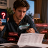 Landscape photo of a man investigating mystery credit card fees and finance charges on his statement.