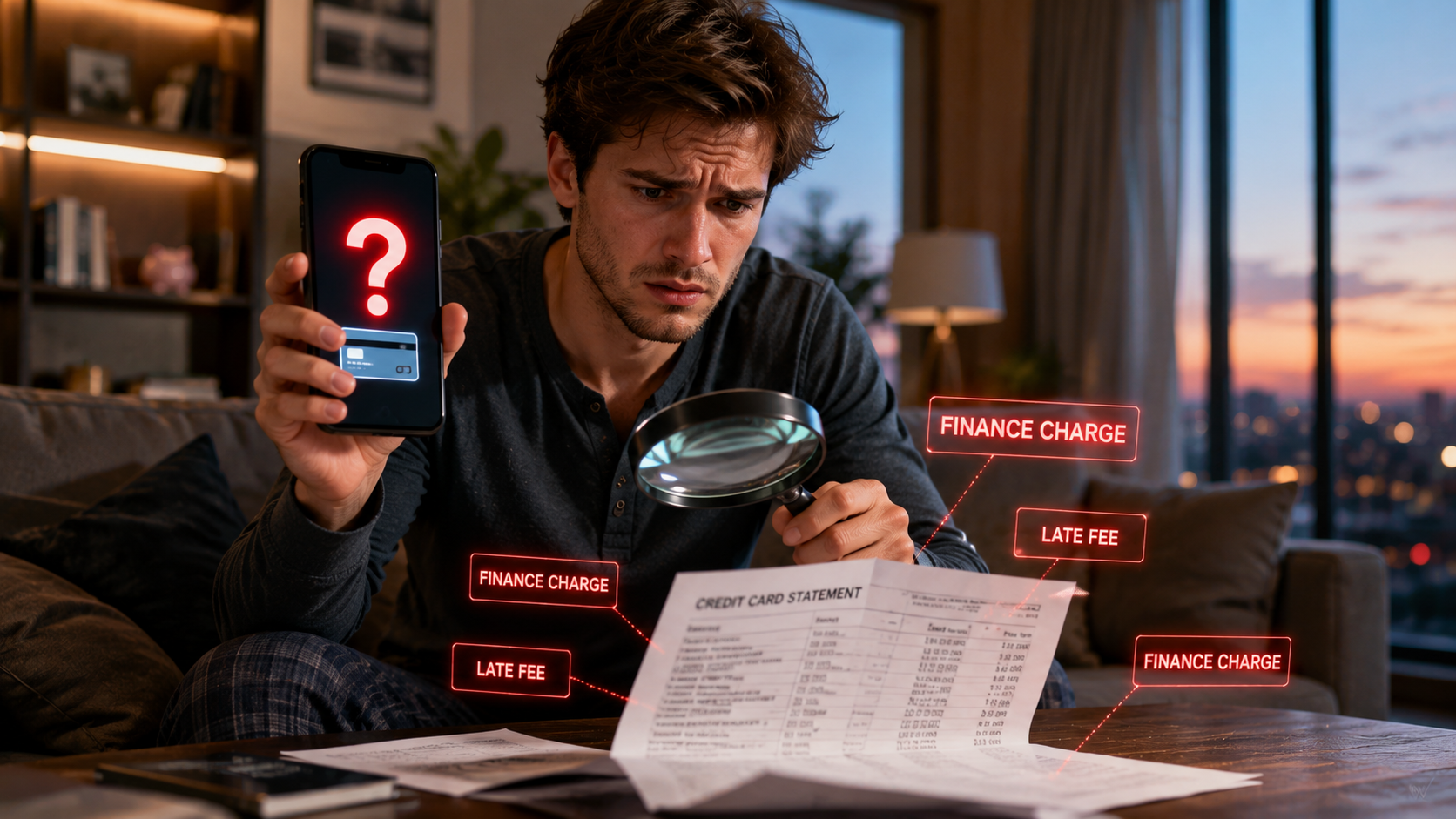 Landscape photo of a man investigating mystery credit card fees and finance charges on his statement.