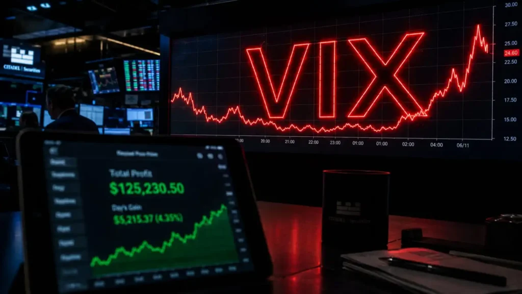 VIX Alert: Is a Massive Stock Market Crash Coming? Red neon chart showing the VIX market volatility index tracking stock market crash drops.