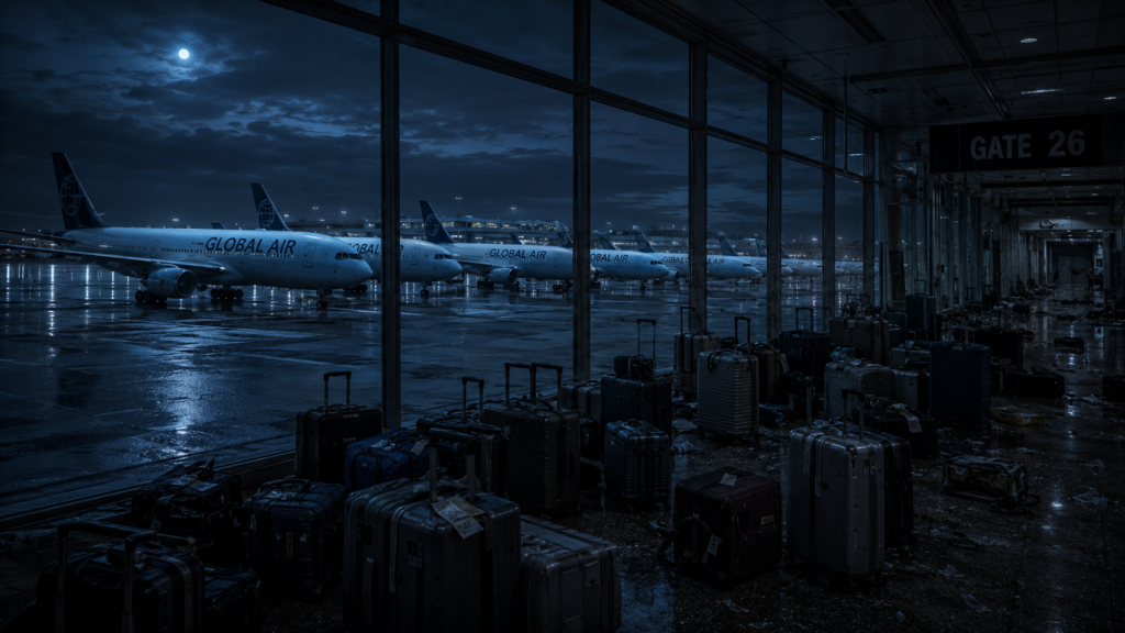 An empty airport terminal showcasing the visual aftermath of mass airline bankruptcies.