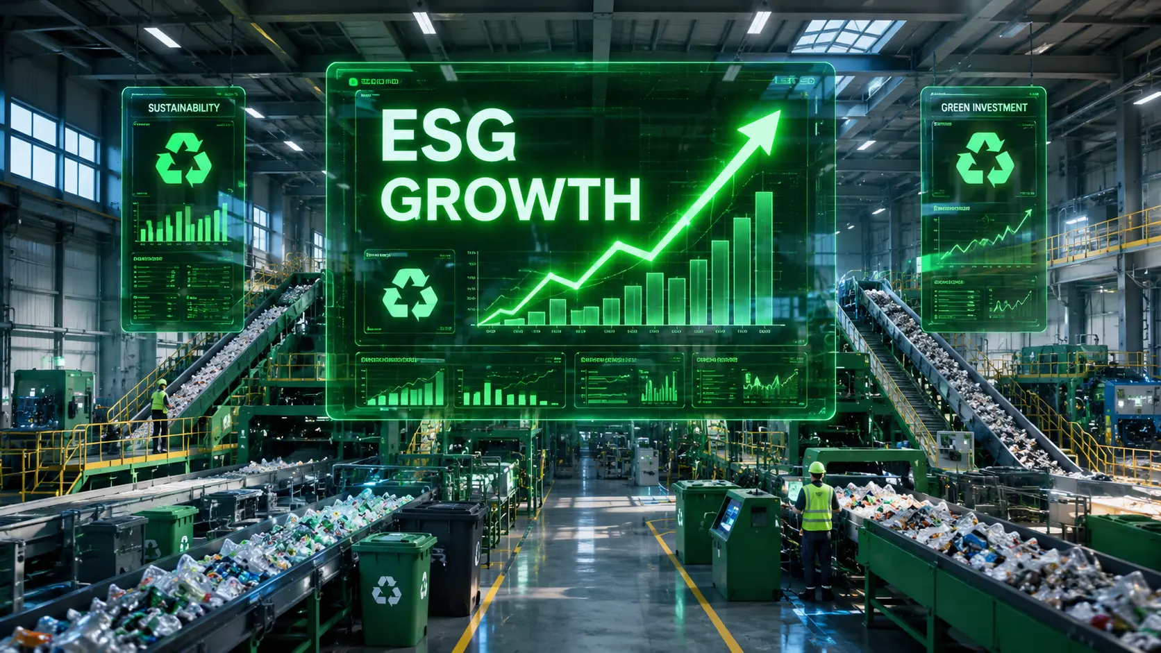 A futuristic recycling plant showing the growth of the green waste management sector.