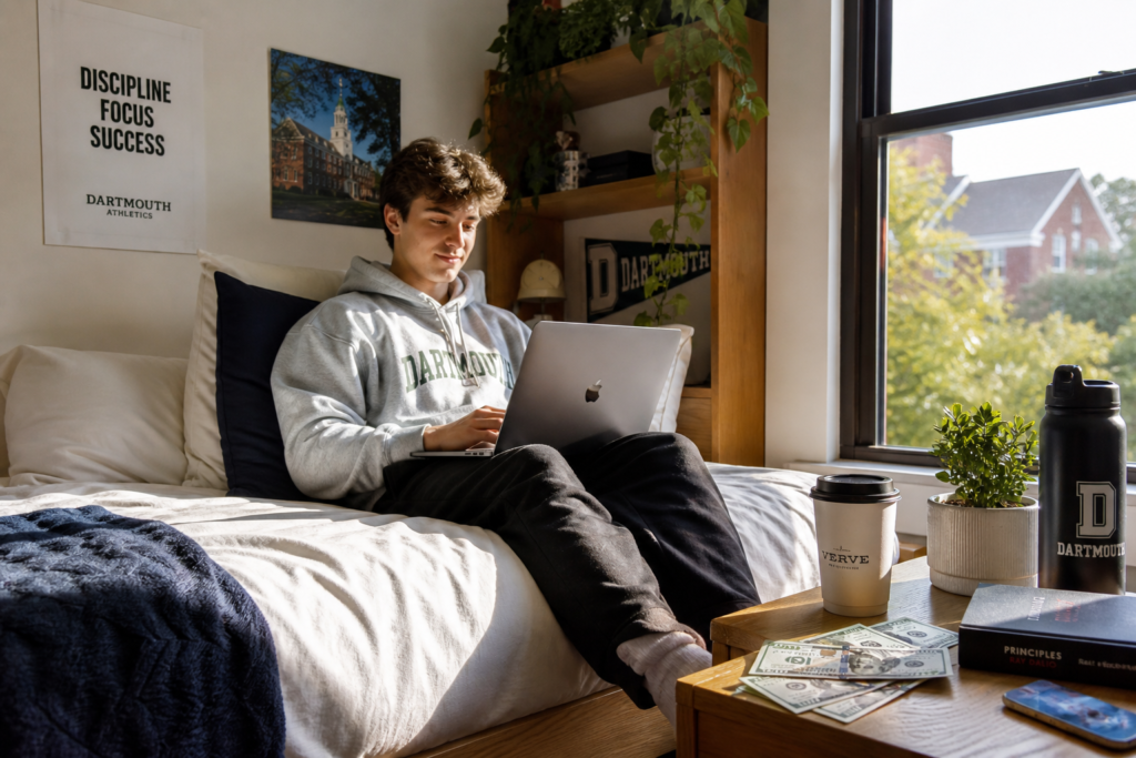 Five lazy ways for students to make extra cash online shown through a student working on a laptop in a US dorm room.