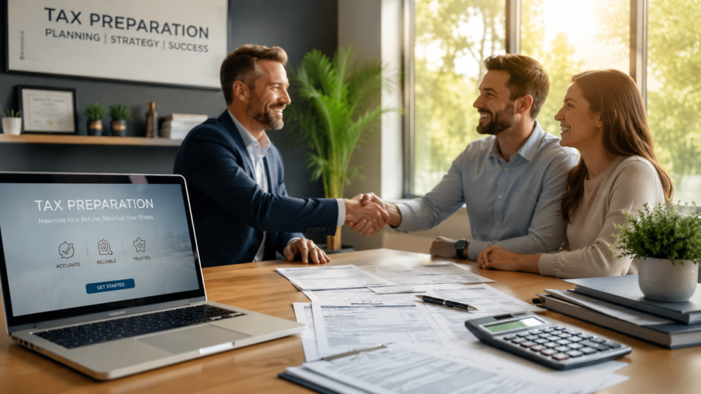 Professional tax preparer in a modern office helping a happy couple maximize their 2026 tax refund.