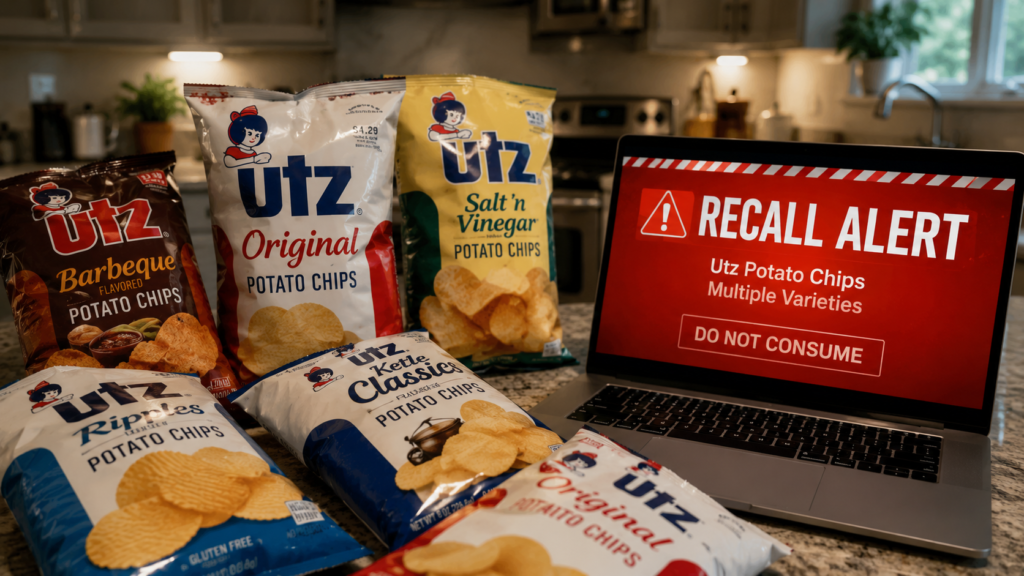 Utz potato chip recall salmonella alert on a kitchen counter with bags of chips.