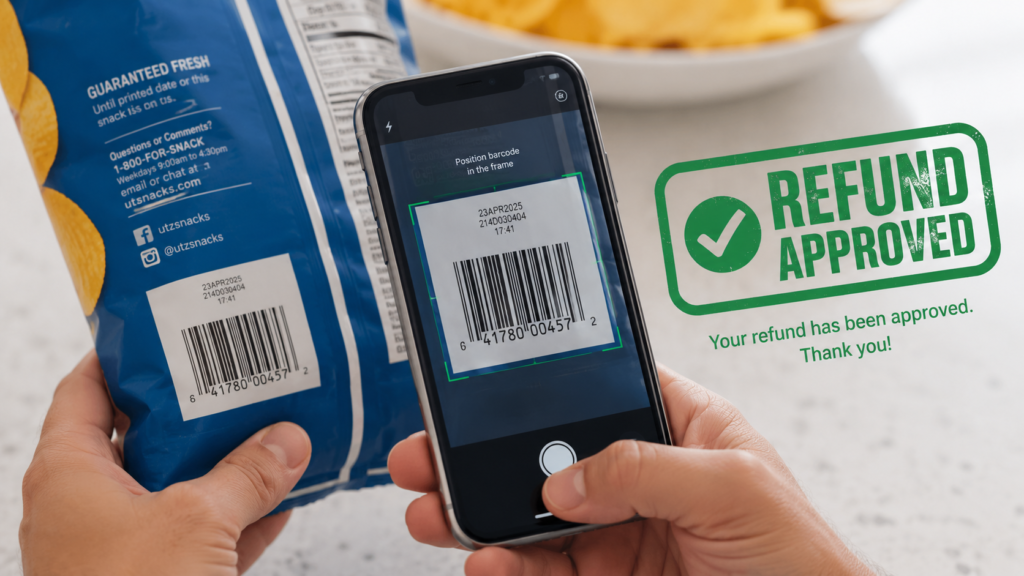 Consumer scanning barcode for Utz potato chip recall salmonella refund guide.
