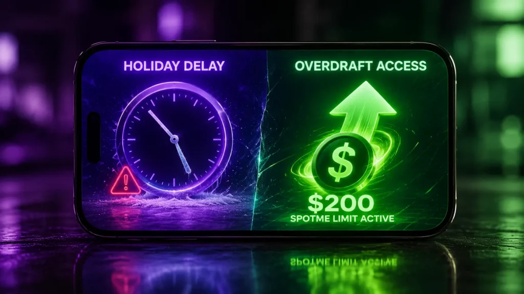 Split-screen phone concept contrasting Chime Holiday Schedule 2026 delays with active Chime SpotMe Limit access.