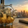 A glass piggy bank filled with small gold bars and dollar bills representing a 2026 gold investment strategy for beginners.