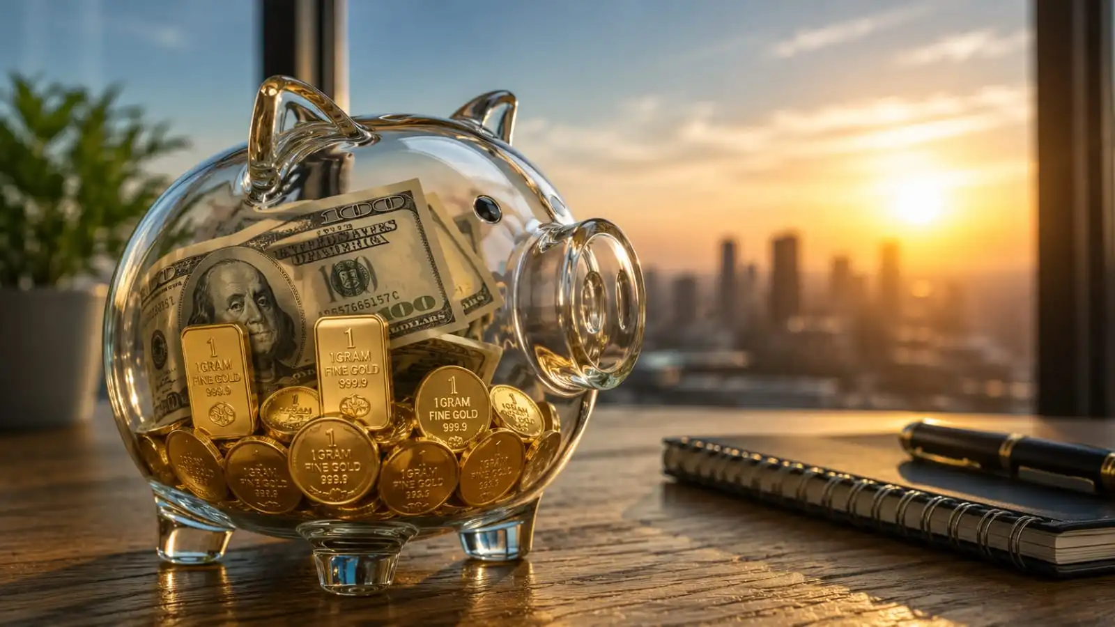 A glass piggy bank filled with small gold bars and dollar bills representing a 2026 gold investment strategy for beginners.
