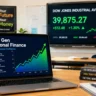 A laptop displaying Next Gen Personal Finance lesson plans in front of a Dow Jones stock market chart.
