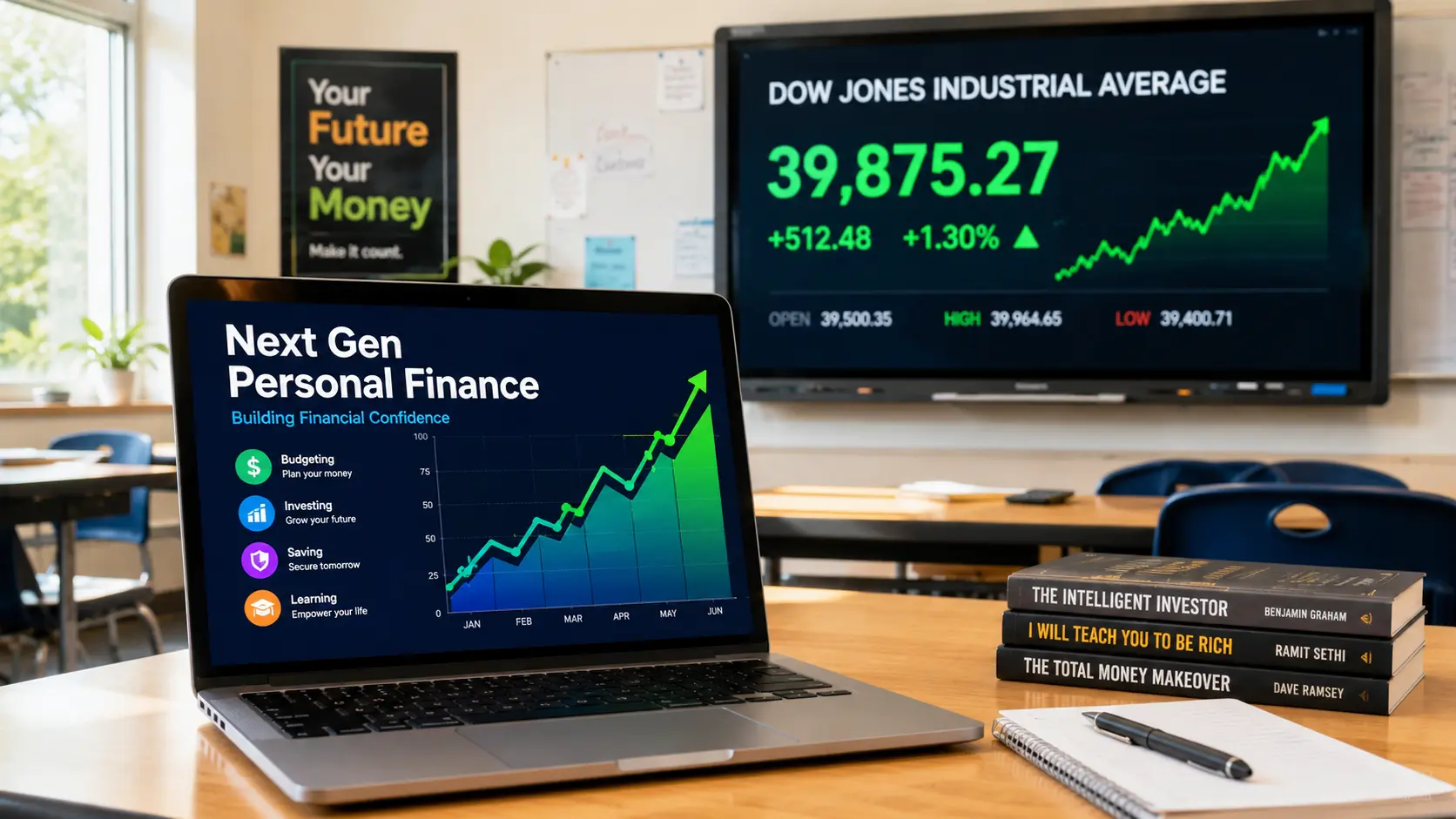 A laptop displaying Next Gen Personal Finance lesson plans in front of a Dow Jones stock market chart.