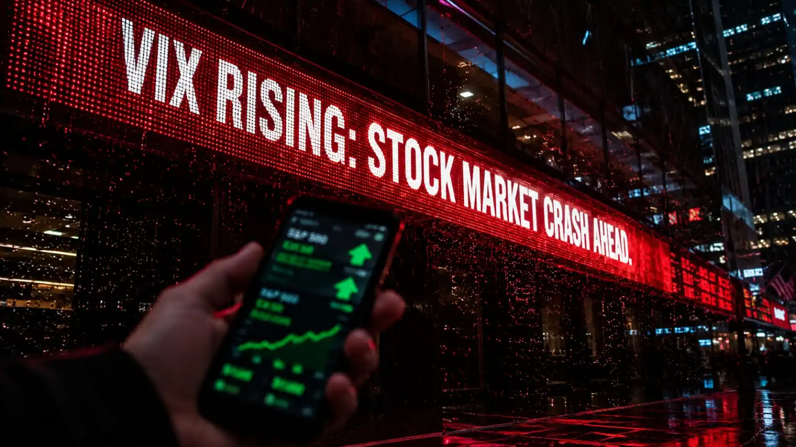 Red VIX ticker flashing a stock market crash warning, aiding options trading strategy decisions.
