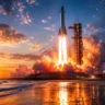 Blue Origin New Glenn reusable rocket launching from Cape Canaveral at dawn with bright engine flames and ocean reflection in the background