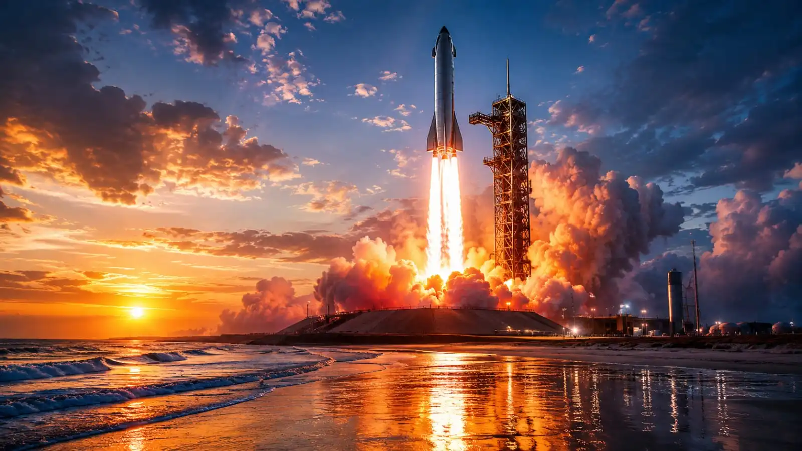 Blue Origin New Glenn reusable rocket launching from Cape Canaveral at dawn with bright engine flames and ocean reflection in the background