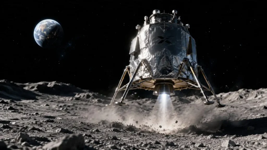 Space image 2 Blue Origin Blue Moon lunar lander descending onto the Moon surface with Earth visible in the background as part of NASA Artemis program