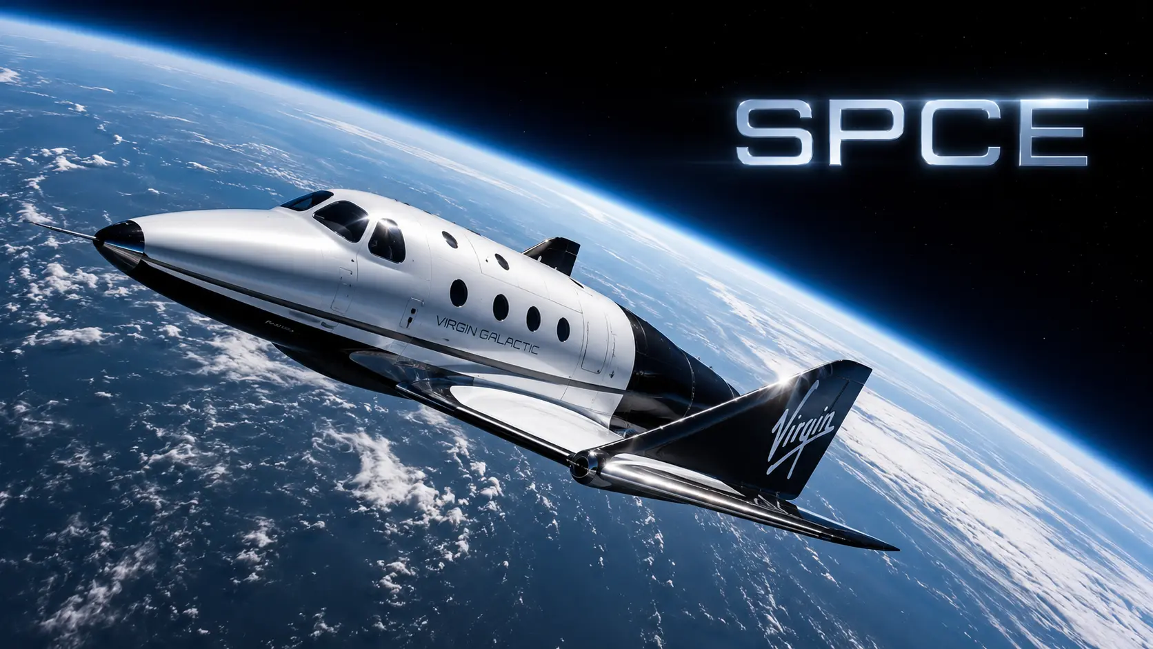 A commercial space tourism rocket plane flying above the Earth representing SPCE stock.