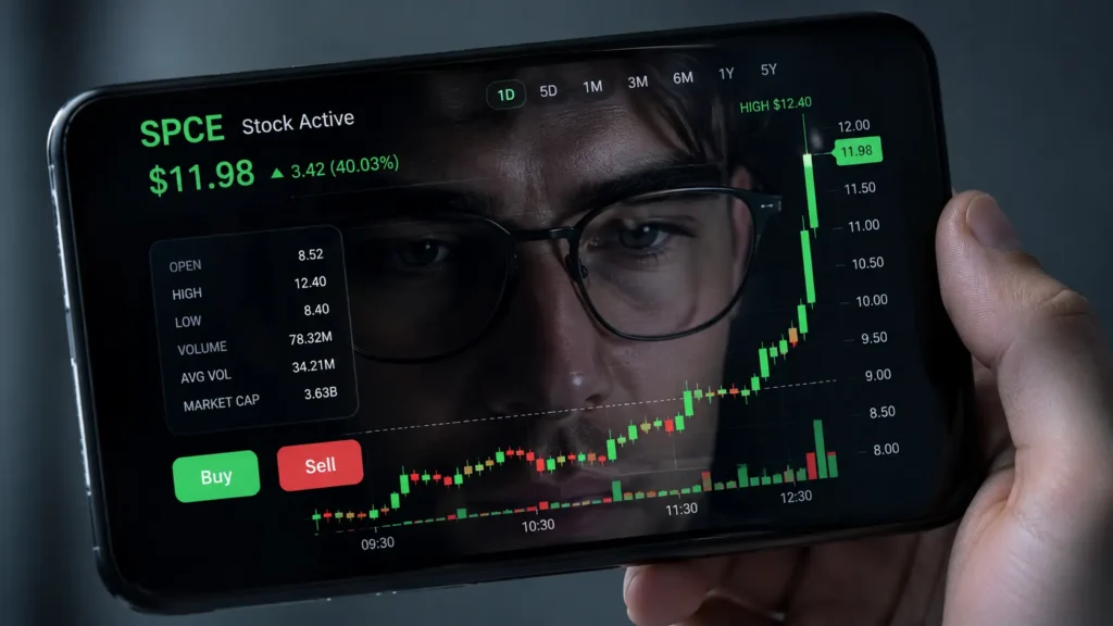 SPCE Stock A mobile smartphone app displaying live market charts and tracking metrics for SPCE stock.