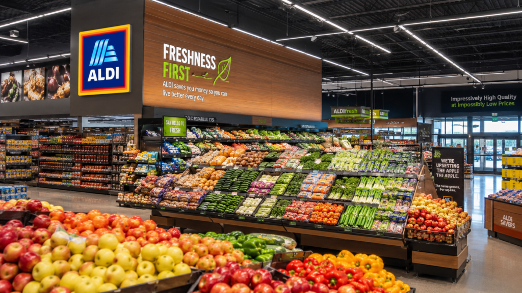 Modern Aldi New US Store Layout 2026 featuring wider aisles and expanded fresh produce sections.