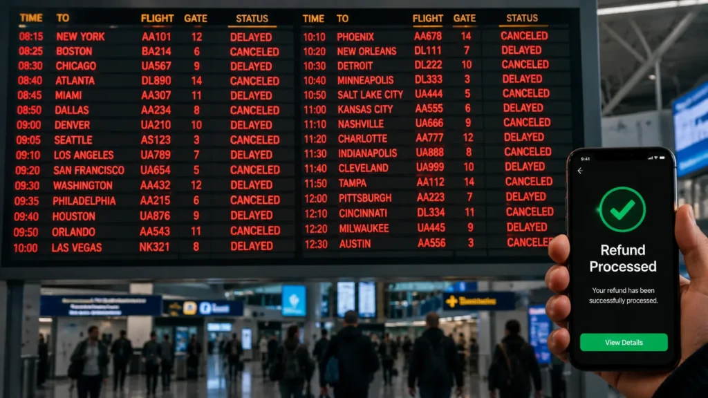 DFW Ground Stop Rules: Why Your Flight is Delayed Today! Flight delay today updates showing active DFW Ground Stop Rules refund processing on a phone.