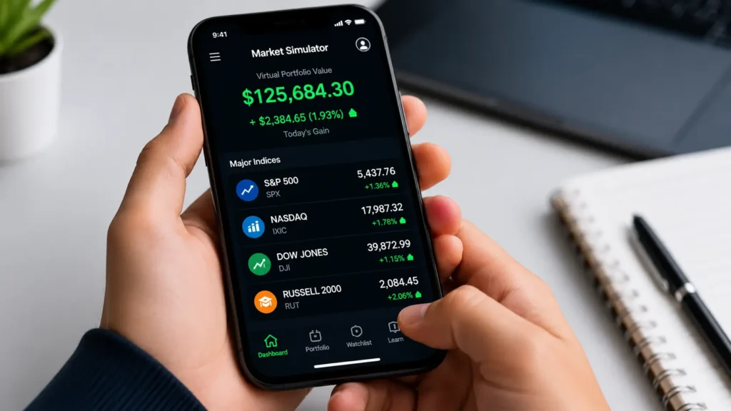 A youth money management mobile app tracking stock market index trends on a smartphone screen. The Next Gen Personal Finance 