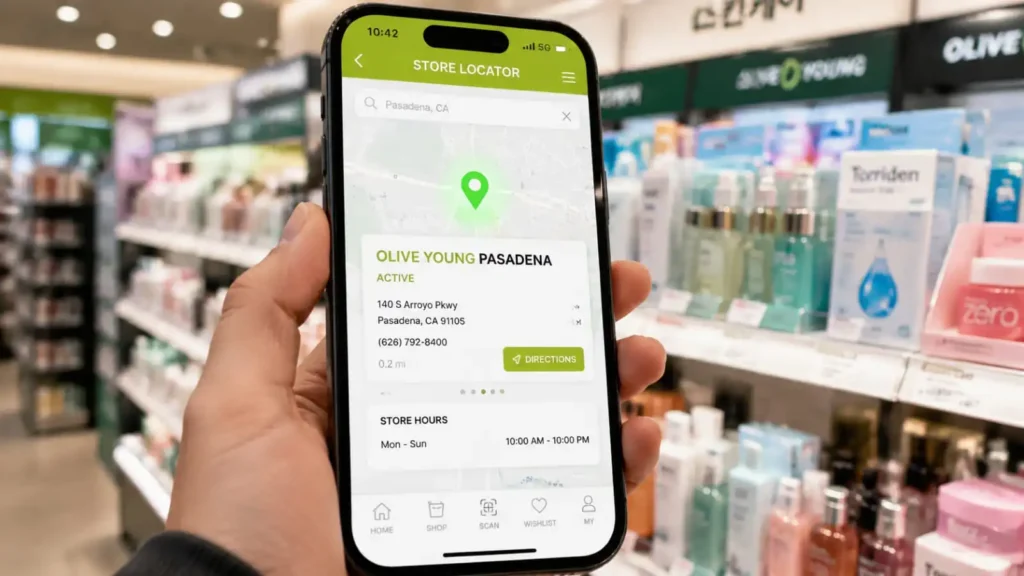 A mobile smartphone app showing real-time location metrics for Olive Young Pasadena.