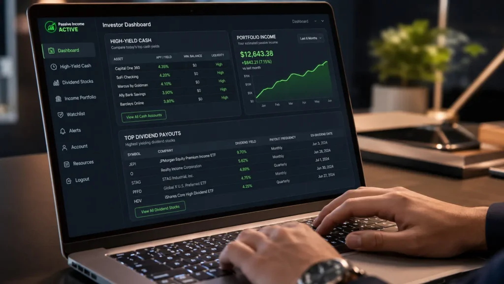 Laptop screen displaying financial analysis tools to track top dividend stocks online. The Passive Income