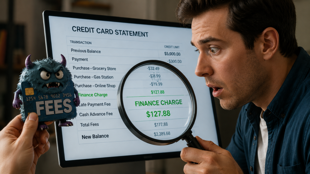 realistic Style image showing a person investigating credit card finance charges and hidden fees.