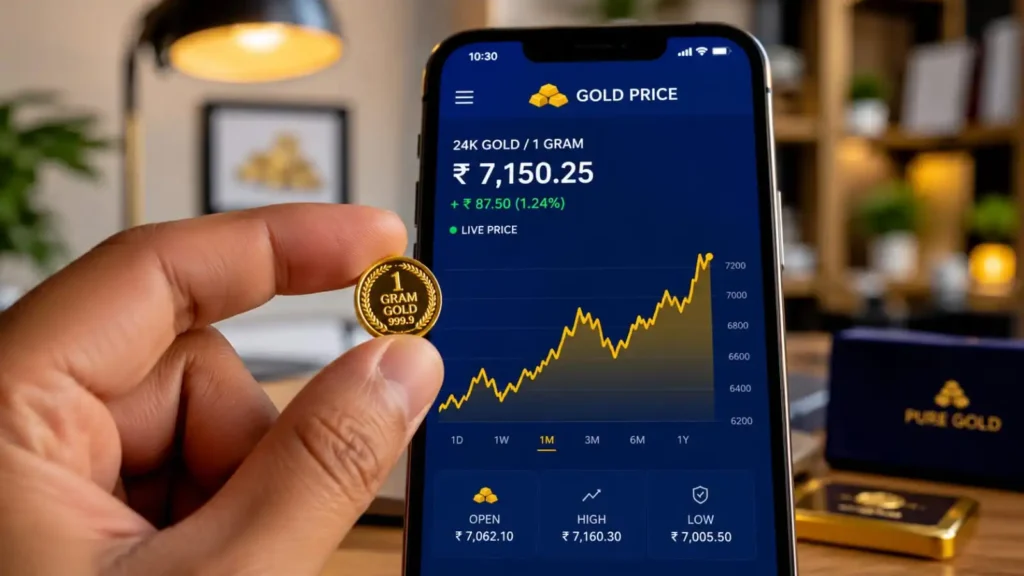 A person holding a small 1-gram gold coin over a smartphone screen showing rising gold price trends in 2026. How to Invest in gold 