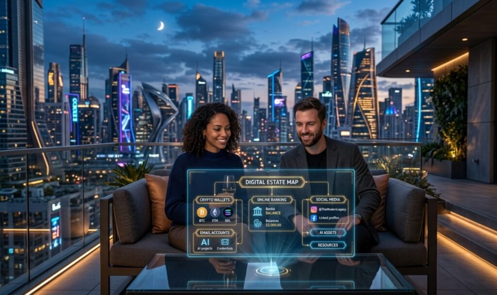 Cinematic landscape photo of a couple securing their digital assets, including crypto and AI, via a digital estate map.

