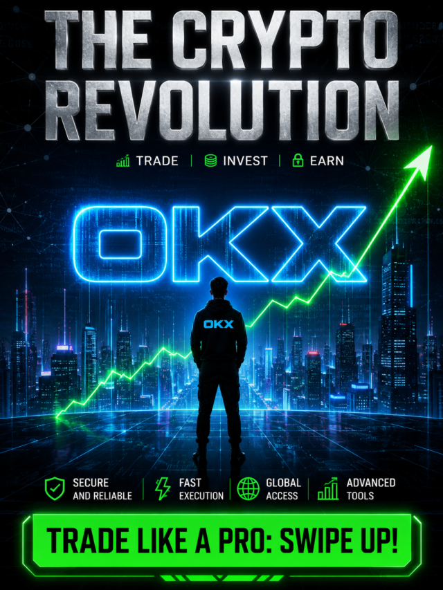 High-contrast 3:4 webstory poster guide showing how to trade digital assets safely using OKX exchange tools.