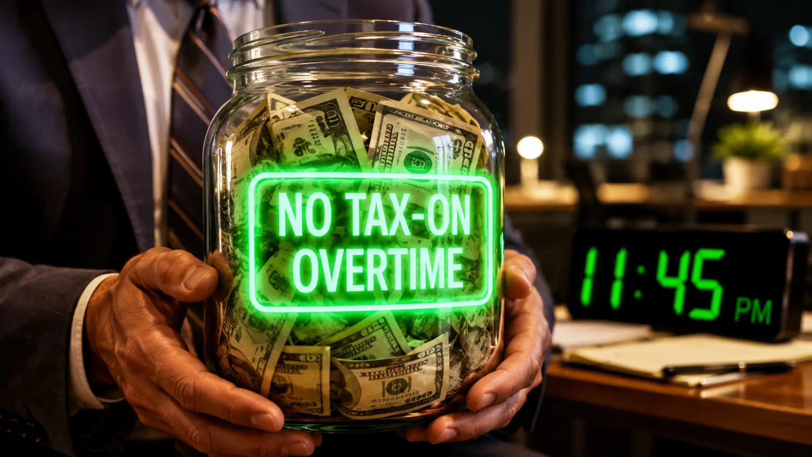 A jar full of cash with a glowing green Tax-Free Overtime label representing 2026 IRS savings for workers.