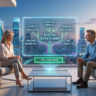 Cinematic landscape photo of a couple securing their digital assets, including crypto and AI, via a digital estate map.