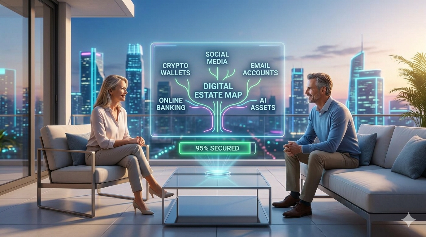 Cinematic landscape photo of a couple securing their digital assets, including crypto and AI, via a digital estate map.