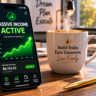 A smartphone screen displaying a rising financial growth chart for monthly passive income.