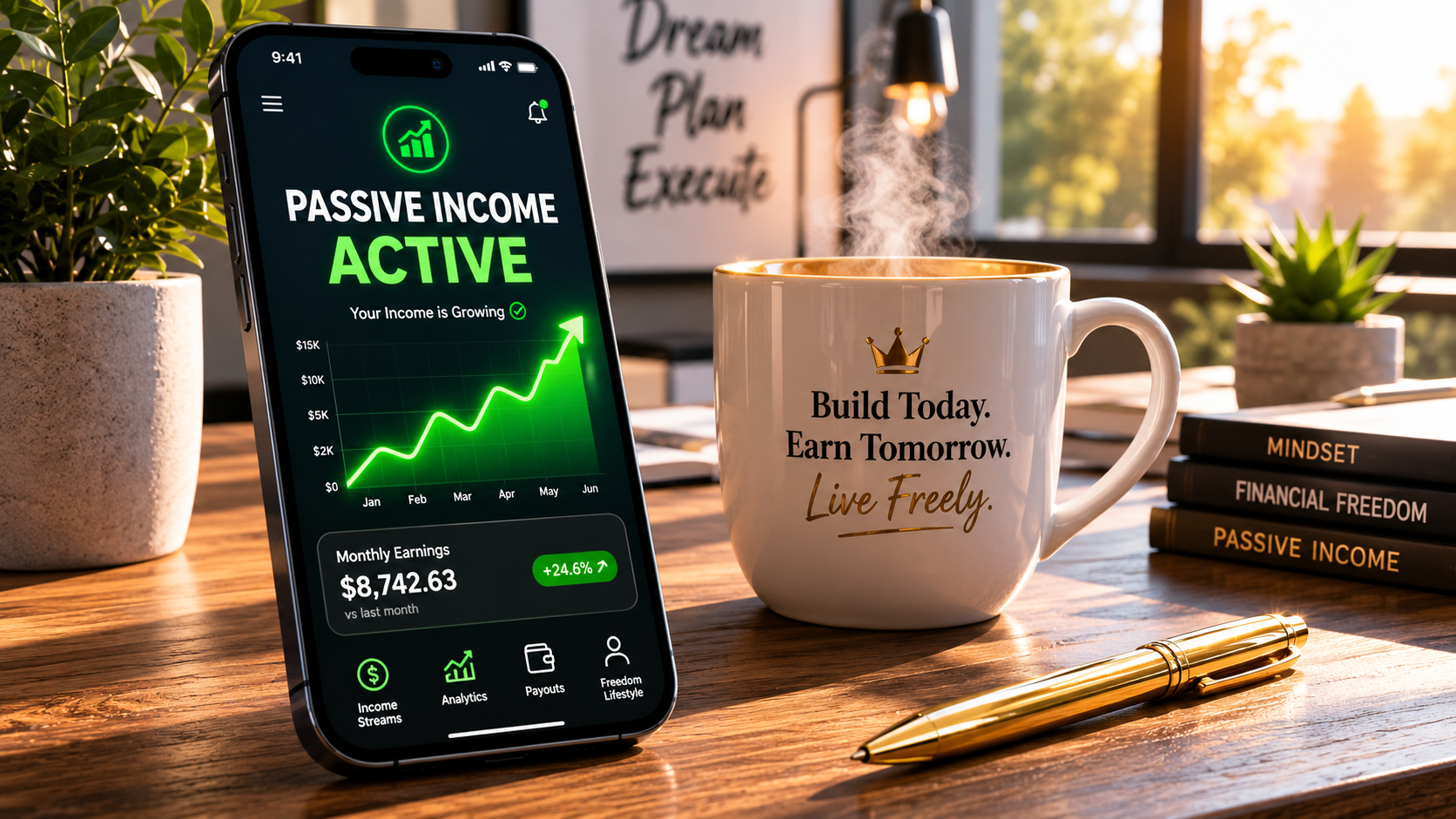 A smartphone screen displaying a rising financial growth chart for monthly passive income.