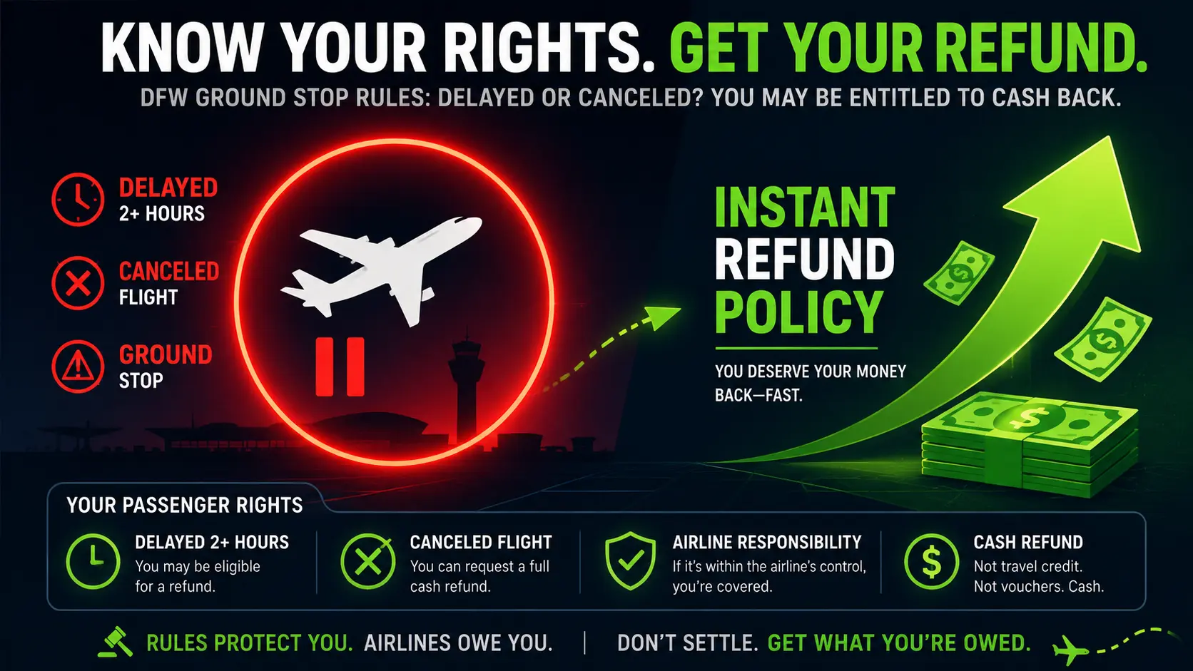 Infographic chart explaining passenger rights and refunds under DFW Ground Stop Rules.