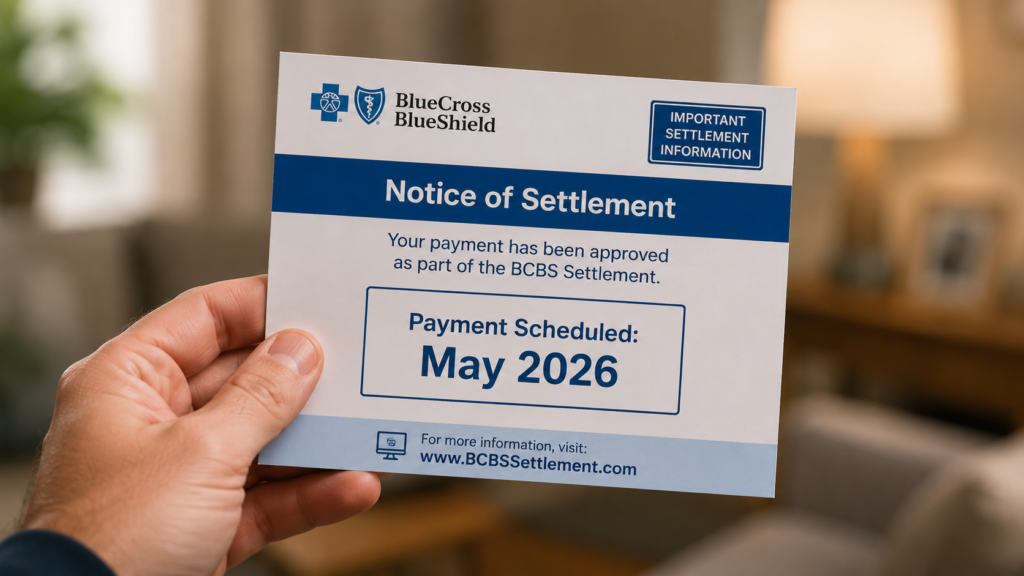 Official BCBS settlement notice postcard showing May 2026 payout date.