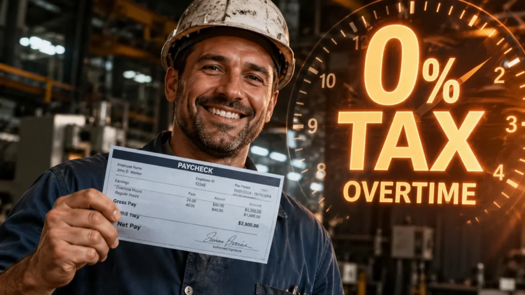 A happy American blue-collar worker in a hard hat holding a paycheck. No Tax on Overtime