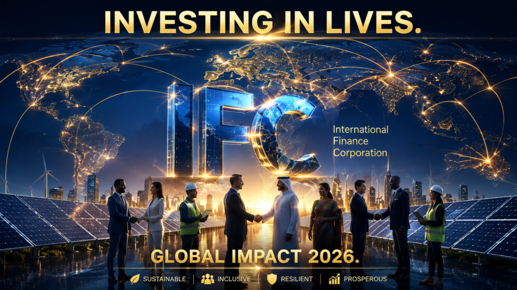 IFC logo over a digital map with people shaking hands on a solar farm.